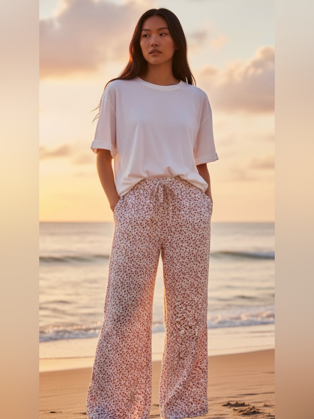 Wide Leg Floral Print Pants - Cream with Red & Blue (L/ XL)
